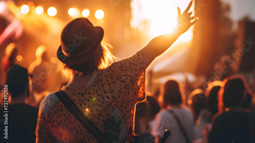 man with hat dancing in front of big stage at a cool rock music festival. Person dancing with hand up at a live concert.