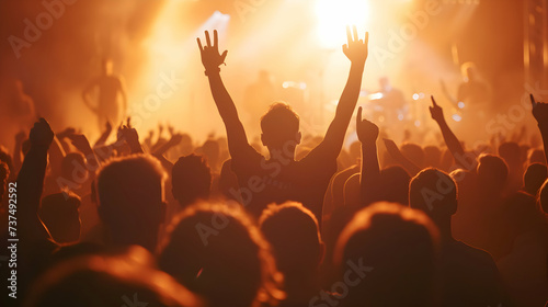man dancing with hands in the air in front of big stage at a cool rock music festival. Person dancing in the crowd with hand up at a live concert.