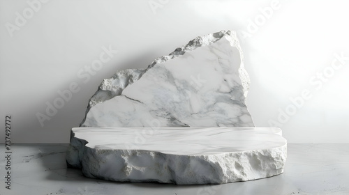 White stone plate cosmetic podium 3d background or abstract empty product display floor platform broken and blank rock stage stand on plaster concrete pedestal backdrop with natural marble show scene.