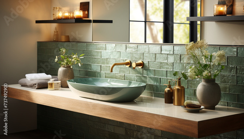 Modern, elegant bathroom with clean, luxurious design and comfortable flooring generated by AI