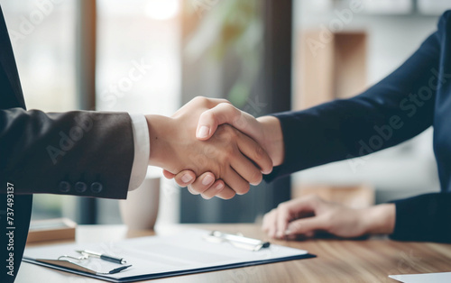 Handshake Success: Bank Representatives and Clients Seal Property Deal