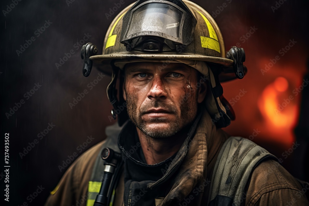 Firefighter portrait. Firemen hero safety. Generate Ai