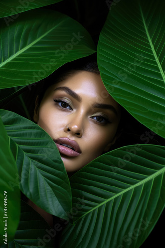 Young woman model posing in green jungle leaves. Generative AI