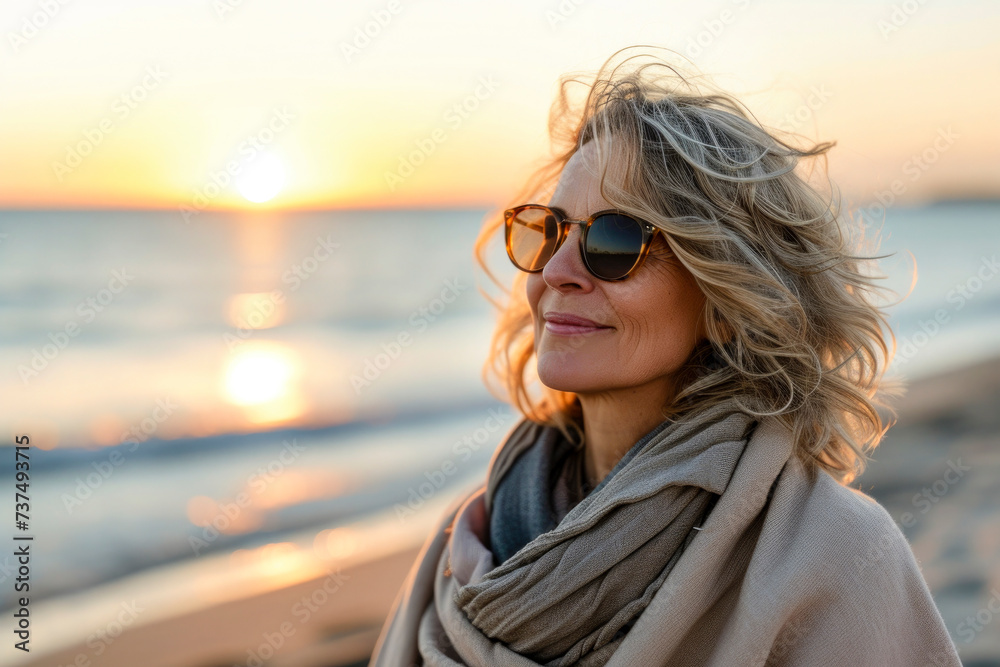 beautiful happy mature woman at the beach on summer day early in the morning beautiful happy mature woman at the beach on summer day early in the morning