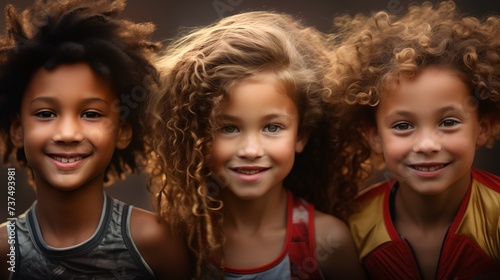 Three happy children with curly hair are smiling together for a picture