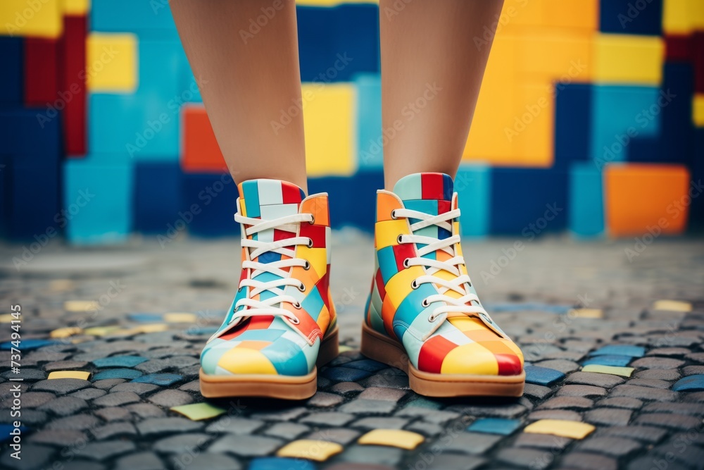 Modern Diversity, Women Shoes and Colorful Socks in Pixelated Puzzle Composition Style