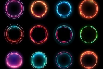Neon Circles Set,  Round Curve, Wavy Lines on Black Background, Technology Concept