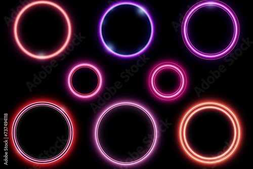 Set of Neon Circles, Curve Shape, Wavy Lines, Black Background, Technology Concept, Dynamic, Isolated, Circular Light Frame Border