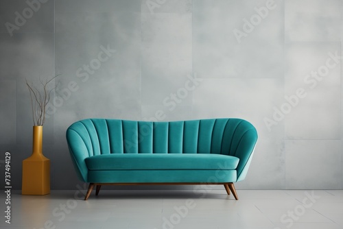 Modern Living Room, Teal Curved Sofa, Concrete Wall, Mid-century Scandinavian Interior Design