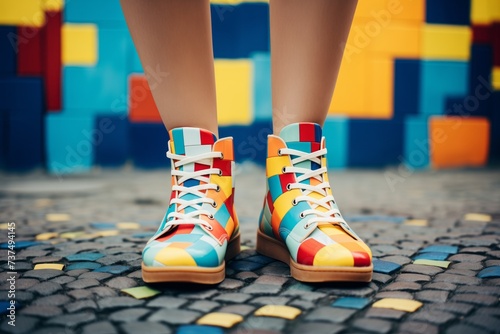 Modern Diversity, Women Shoes and Colorful Socks in Pixelated Puzzle Composition Style