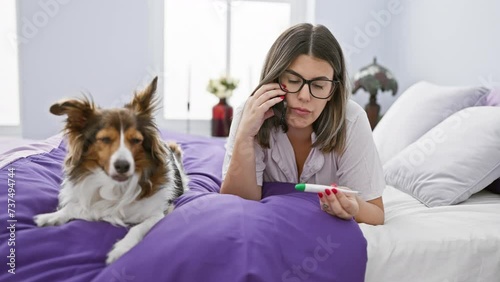A concerned woman in glasses talking on a phone and holding a thermometer while lying in bed with her dog. photo