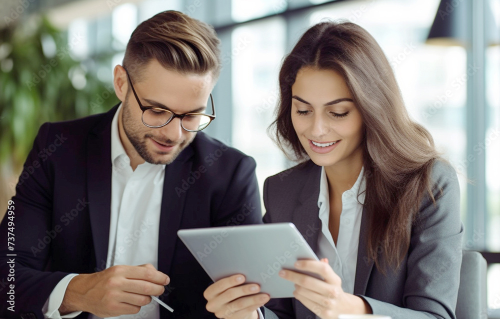Efficient Workplace: Close-Up Shot of Business People Using Digital Tablet Efficient Workplace: Close-Up Shot of Business People Using Digital Tablet