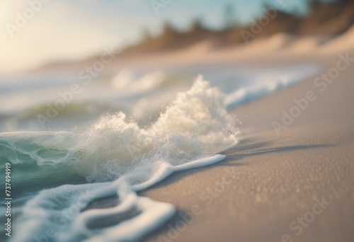 Beautiful gold sandy beach and soft blue ocean waves close up in the evening Travel and summer holiday concept