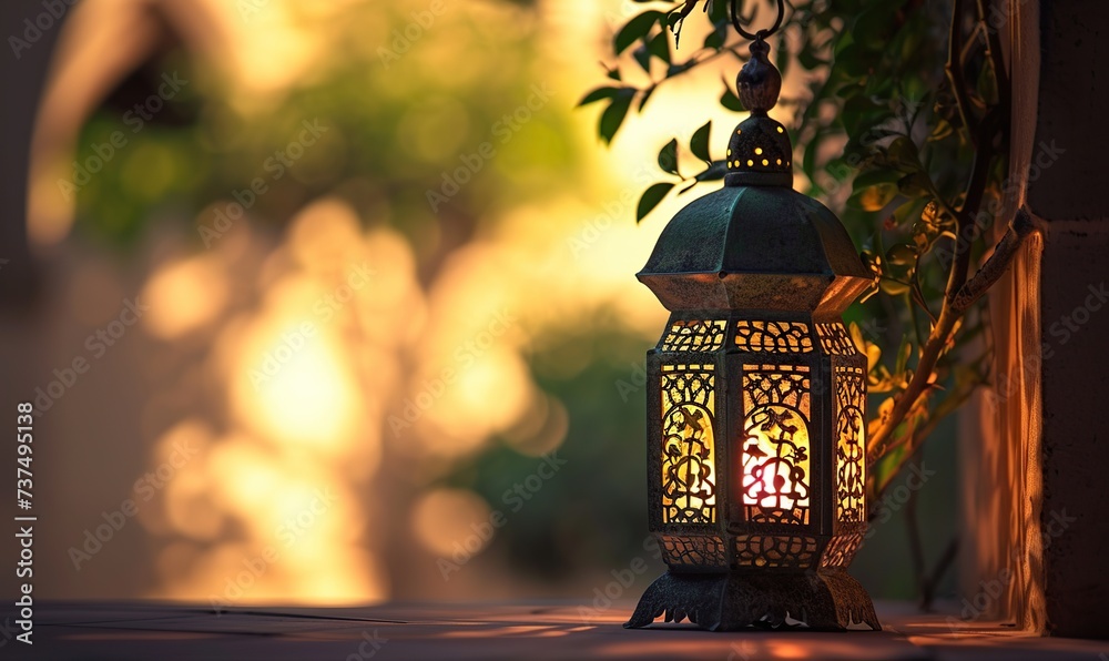 Ramadan Kareem Arabic Lantern, lantern with sunlight in the morning, islamic background