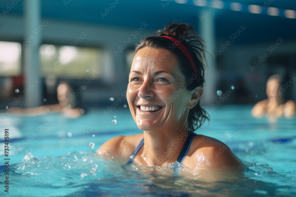 title. active senior women enjoying aqua gym class, healthy retirement,