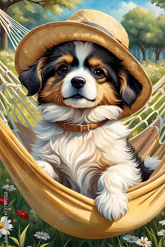 Generative ai. a close up of a dog in a hammock with a hat on, painting of cute dog © Baxxtee