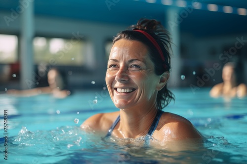title. active senior women enjoying aqua gym class, healthy retirement, © sorin