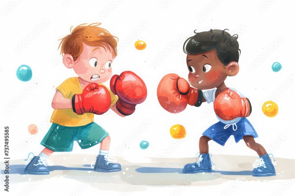 Two animated children engaging in a playful boxing match with colorful bubbles in the background. Two animated children engaging in a playful boxing match with colorful bubbles in the background.