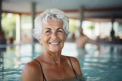 Active mature women in aqua gym class. healthy retired lifestyle with senior aqua fit sport © sorin