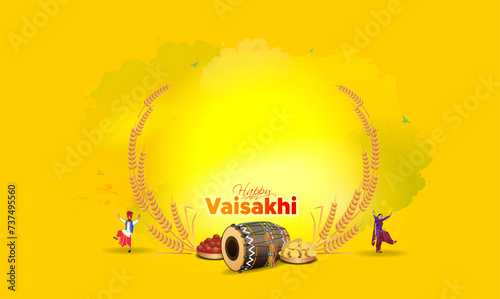 Vaisakhi or Baisakhi festival celebration greeting card. Punjabi sikh culture harvest festival with text and bhangra dance photo