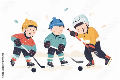 Three children enjoy a playful game of ice hockey on a snowy day with bright smiles and colorful gear