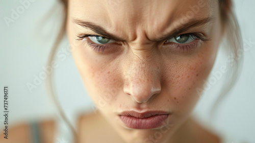 Contempt: A person with a sneer on their lips and narrowed eyes, looking down upon something or someone with disdain. photo