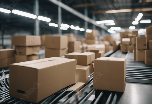 Multiple cardboard box packages moving along a conveyor belt in a warehouse © FrameFinesse