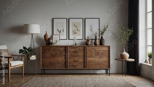 Rustic wooden cabinet with curated accessories, enhancing an empty white wall in the living room.