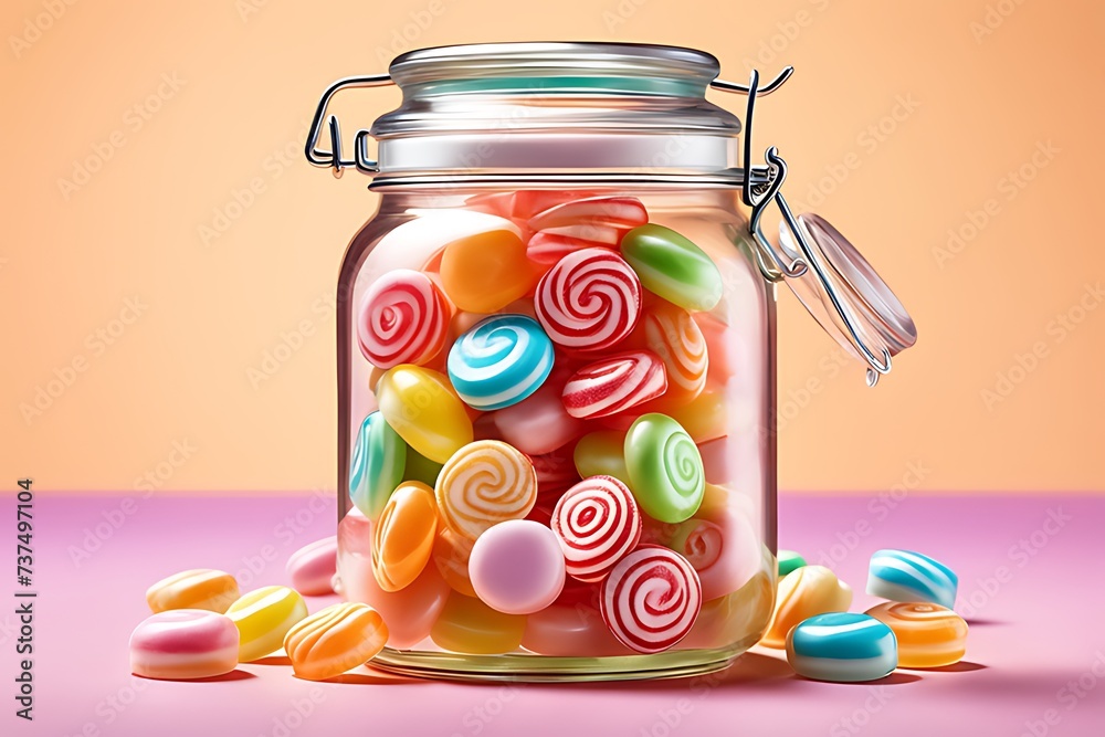 Generative ai. a glass jar filled with lots of colorful candies, large sweet jars on shelves, candy treatments, candies - obrazy, fototapety, plakaty 