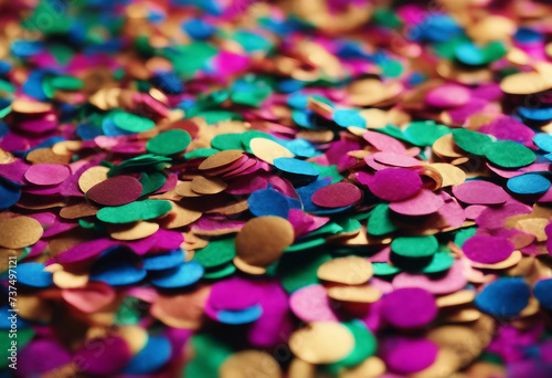 Gold green blue and purple colored confetti close up