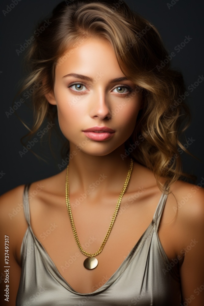 Portrait of a beautiful young woman with long brown hair and green eyes wearing a gold necklace