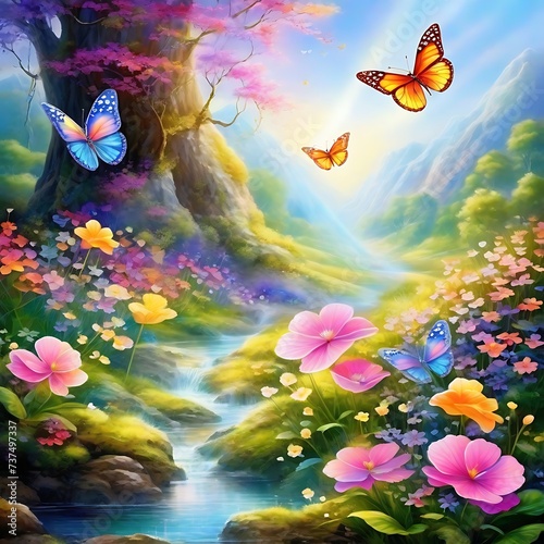 Generative ai. a painting of flowers and butterflies in a forest, beautiful fantasy painting, fantasy landscape painting, colorfull digital fantasy art © Baxxtee
