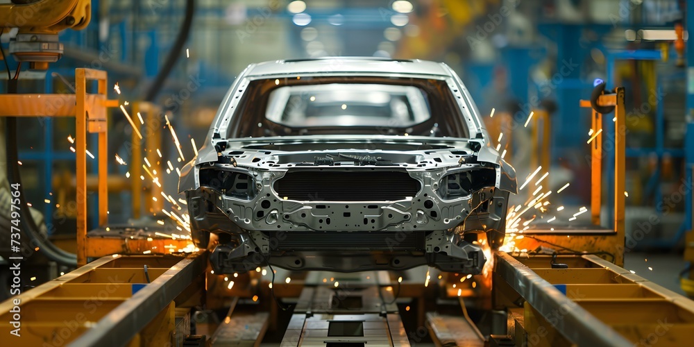 Automated robot welds a car frame efficiently in a factory setting. Concept Automated Welding, Factory Robotics, Efficient Car Production, Robotic Assembly, Industrial Automation Automated robot welds a car frame efficiently in a factory setting. Concept Automated Welding, Factory Robotics, Efficient Car Production, Robotic Assembly, Industrial Automation