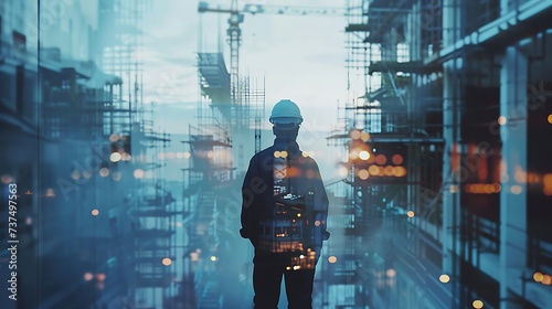 view of professional engineer manager standing concentrate focus multi exposure with building construction industry background construstion engineer concept