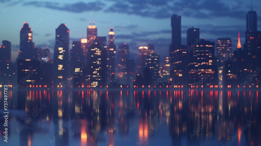 Urban Skyline Reflected in Water at Twilight - The city's twinkling lights and modern architecture are beautifully reflected on the water's surface, offering a serene urban twilight scene.