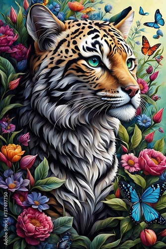 Generative ai. a painting of a tiger surrounded by flowers and butterflies  detailed beautiful animals  amazing beauty  classic beauty  full of colors and rich detailed