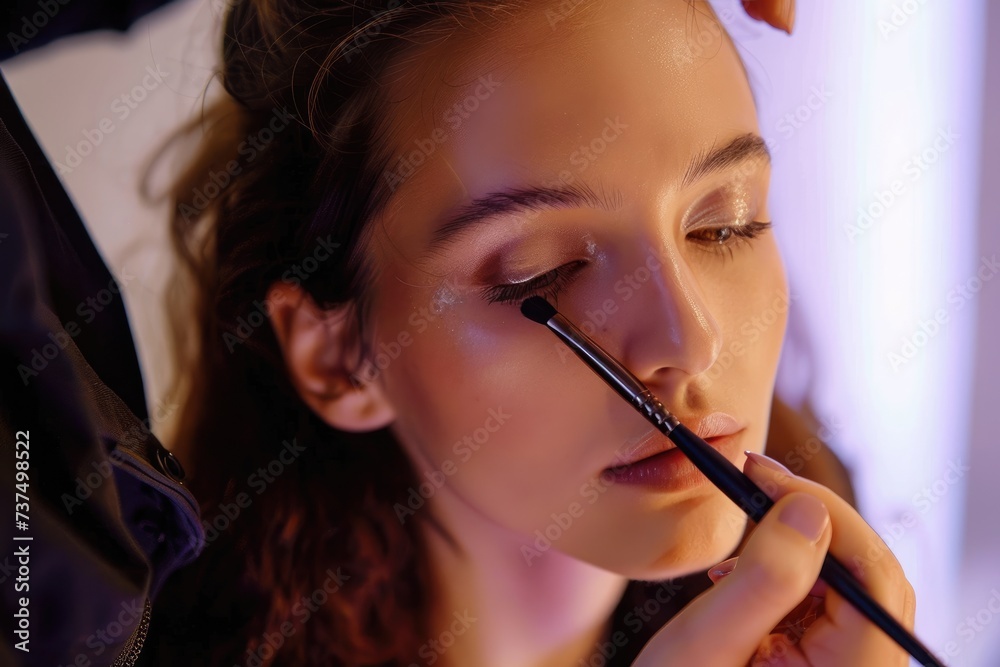 A makeup artist is applying a professional make up to a young beautiful woman A makeup artist is applying a professional make up to a young beautiful woman