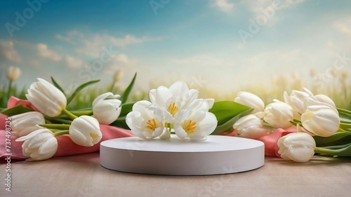 Product podium for product presentation and display with garden summer and spring flowers  tulips  floral summer background podium for cosmetic  with nature in the background. Generating AI