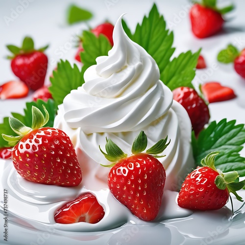 Generative ai. a white plate topped with whipped cream and strawberries, whipped cream, whipped cream on top, fight with strawberries © Baxxtee