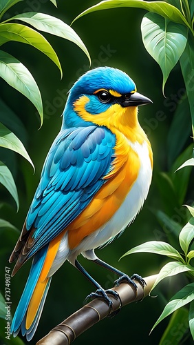 Generative ai. a blue and yellow bird sitting on top of a tree branch, blue bird, blue and yellow fauna, beautiful art, avatar image © Baxxtee