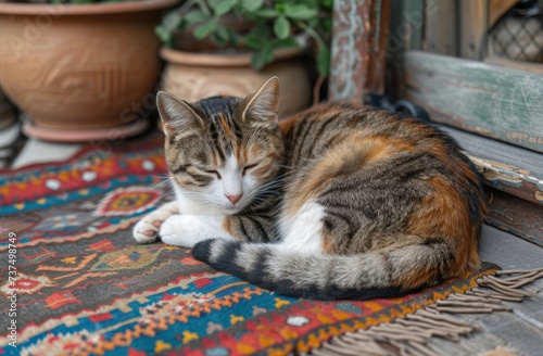 cat on rug, in the style of animals