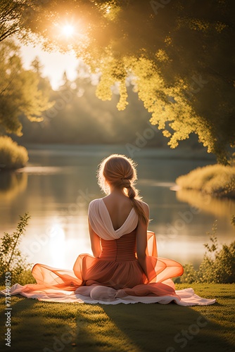 Generative ai. a woman sitting on a blanket in front of a lake, sitting at a pond, sitting near a river, peaceful expression, thoughtful © Baxxtee
