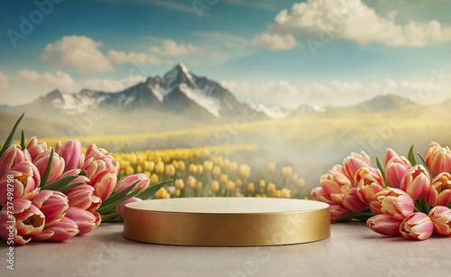 Product podium for product presentation and display with garden summer, spring flowers, tulips, floral summer background podium for cosmetic, with nature and mountain in the background. Generating AI  photo