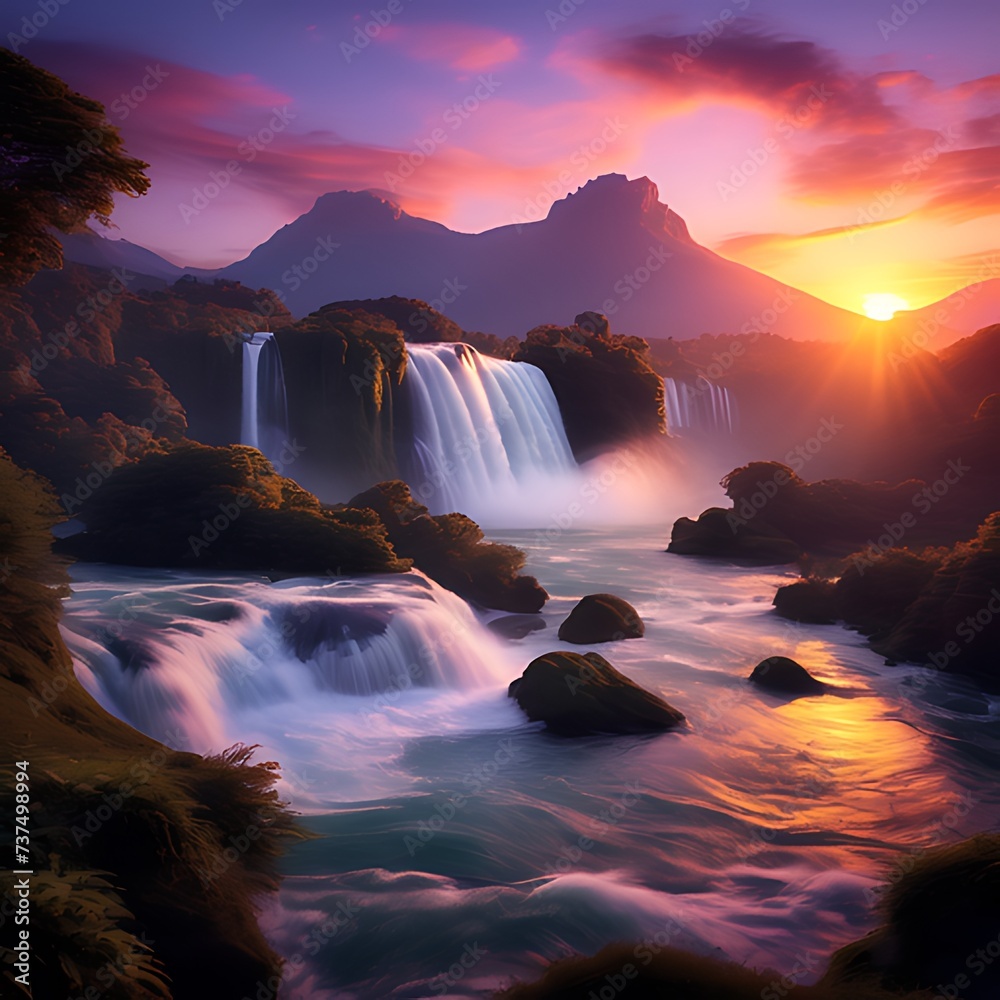 Generative ai. a waterfall with a sunset in the background, with waterfalls and river, stunning waterfall, beautiful stunning waterfall, peaceful beautiful waterfall, immense waterfall