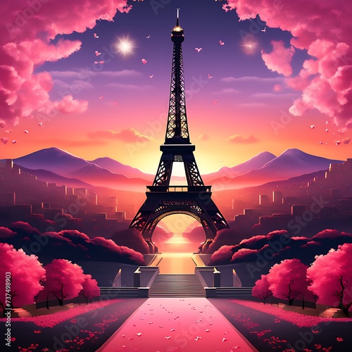 Generative ai. the eiffel tower in paris at sunset, beautiful painting of a tall, paris background, romantic landscape, stunning art style, a beautiful artwork illustration