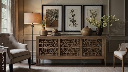Traditional oakwood sideboard and artistic decor pieces enhancing a neutral living room. photo