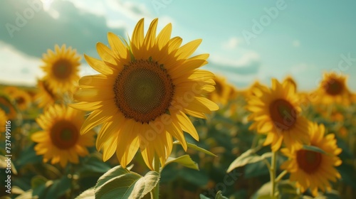 Majestic sunflowers swaying gracefully in a sun-drenched field against a backdrop of endless blue skies