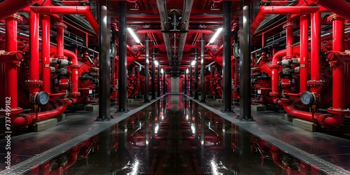 A room filled with fire protection piping and equipment. Concept Fire Protection Systems, Safety Equipment, Fire Sprinkler Systems, Fire Alarm Systems, Emergency Exits