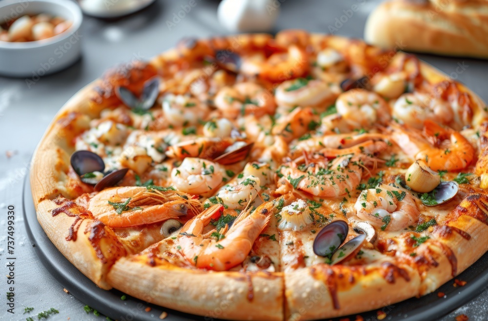 pizza with seafood on gray background on a table