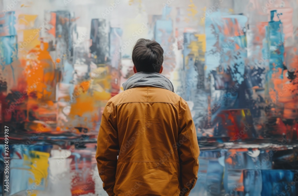 Obraz premium man looking at oil painting in an art gallery